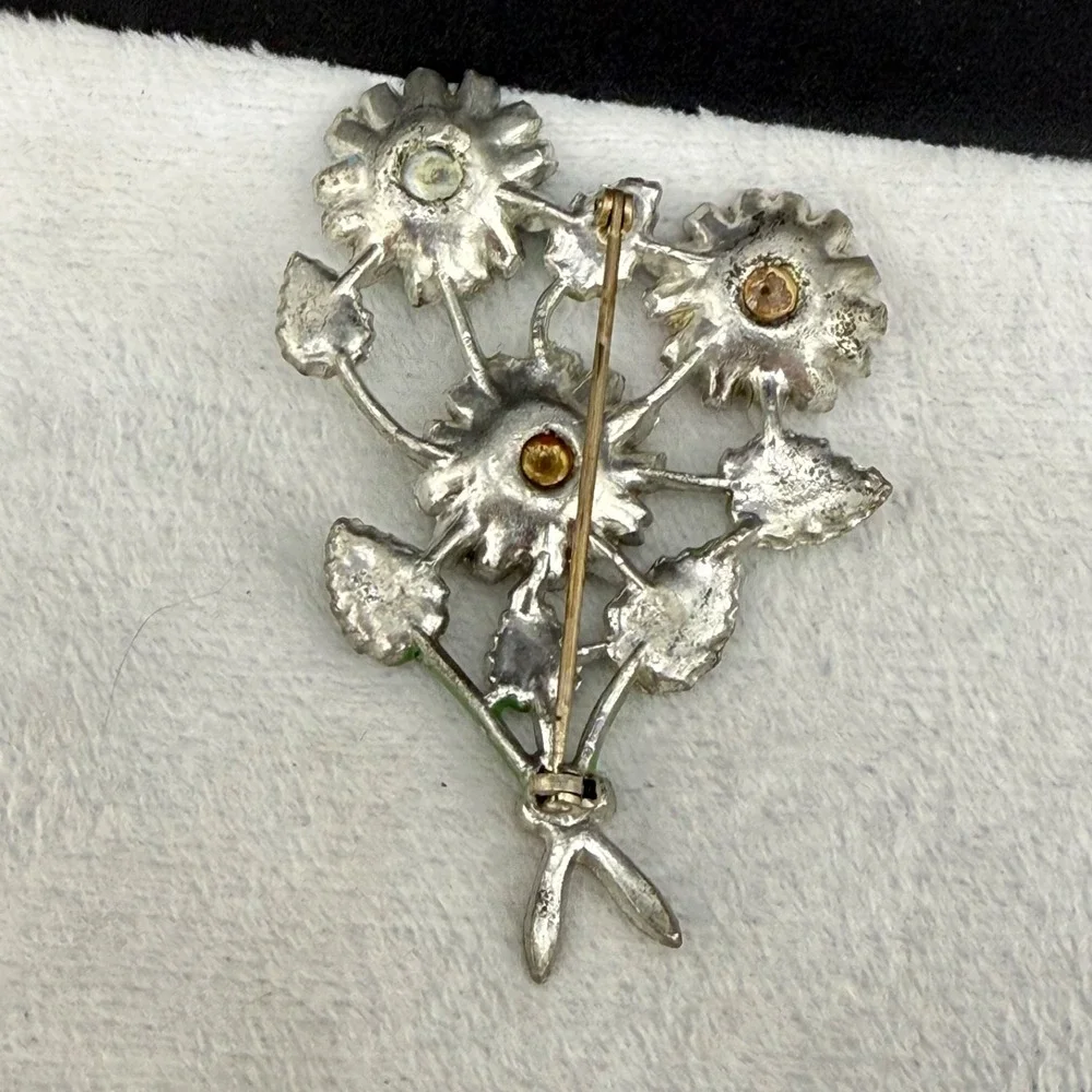 Vintage Rhinestone Flower Brooch Enamel Pastel Silver Tone Chippy READ